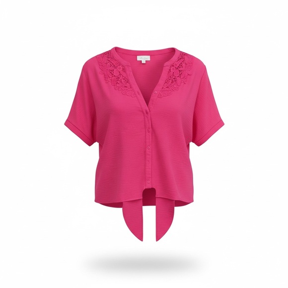 Anneleise Hot Pink Lace Yoke Tie-Front Top | Short Sleeve | Size L - Picture 3 of 7